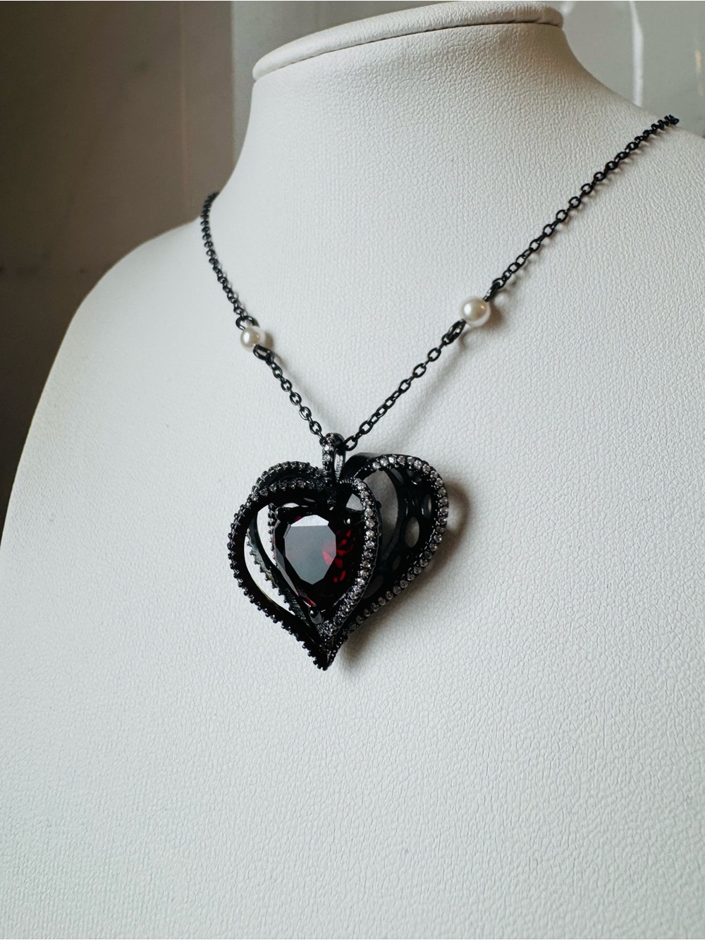 Red heart crystal black plated necklace pearl vampire goth Victorian dark